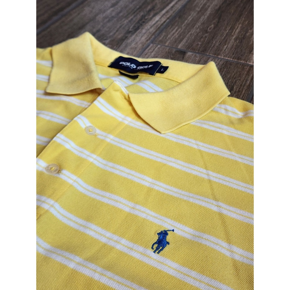 Polo Golf Ralph Lauren Mens Large Yellow White Striped Cotton Polo Shirt Pony